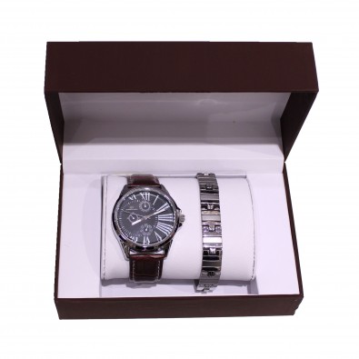 Coffret montre simili cuir et bracelet acier homme CM016